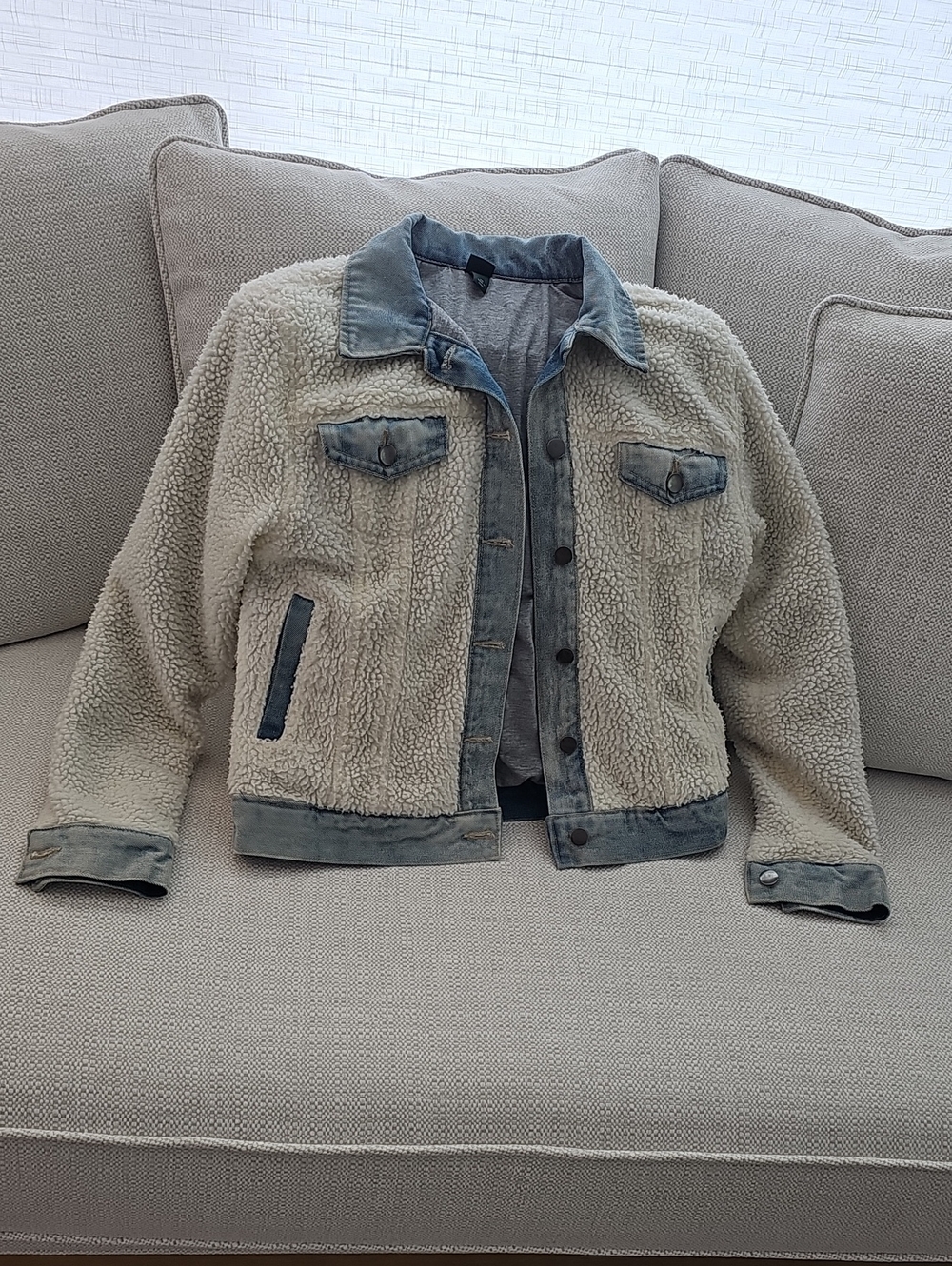 Cream Sherpa Jacket with Denim Trim